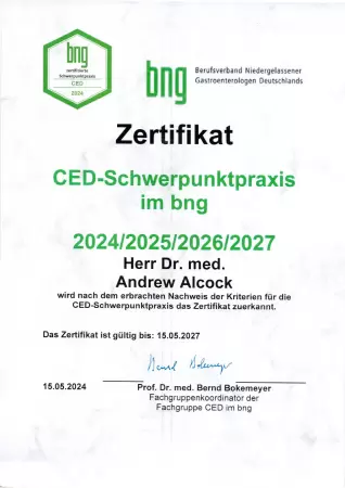 Urkunde: Zertifizierung CED-Schwerpunktpraxis